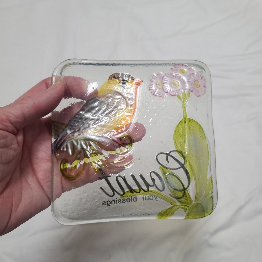 Decorative Glass Trinket Bowl Platter with Bird and Flowers, Count Your Blessing - Picture 4 of 5